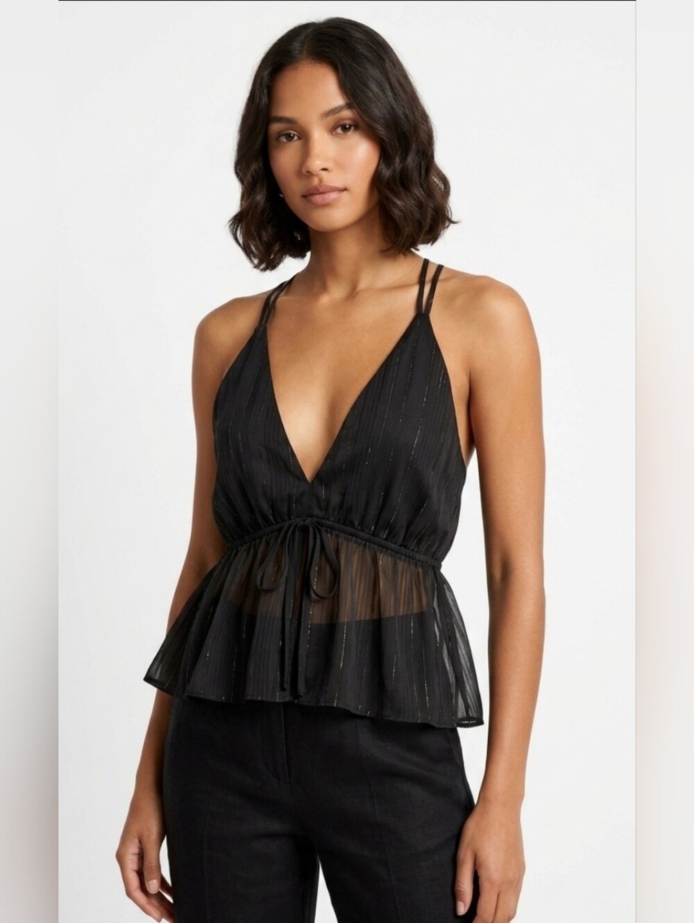 Express Black Sheer Peplum Camisole with Subtle Metallic Stripes